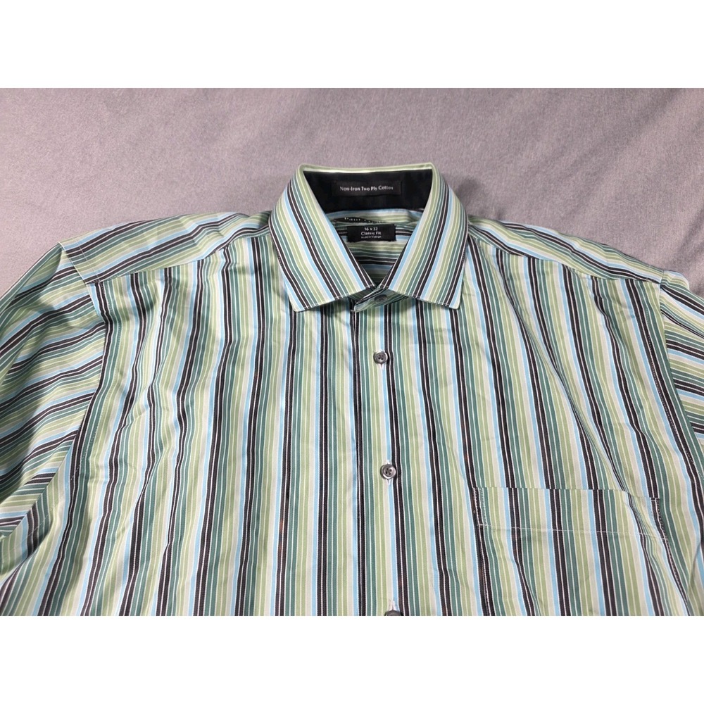 Paul Fredrick Mens Dress Shirt Non Iron Two Ply Cotton 16-32‎ Green Striped